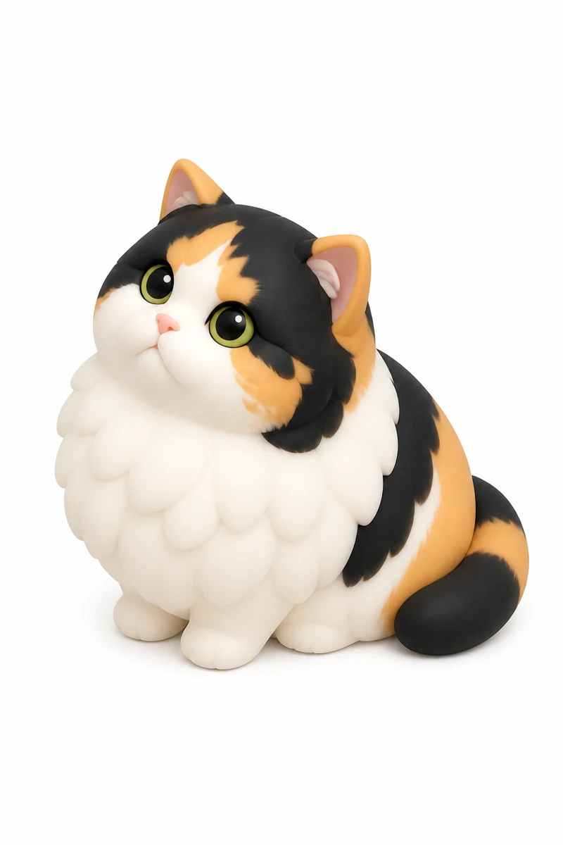 Cartoon design preserving the calico cat's orange, black and white markings